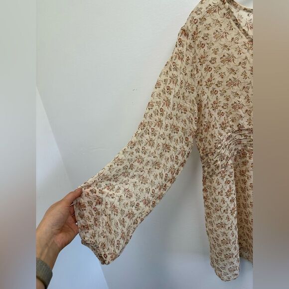 Tess Studio 100% Silk Tan Floral Sheer Long Sleeve Sheer Boho Blouse Size S/M - Picture 11 of 14